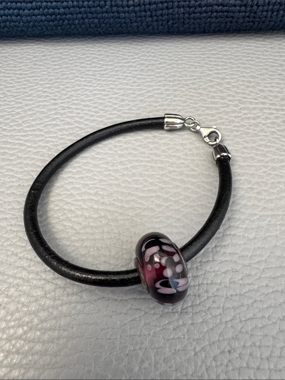 PANDORA BLACK LEATHER BRACELET  WITH STERLING SILVER PURPLE MURANO GLASS BEAD